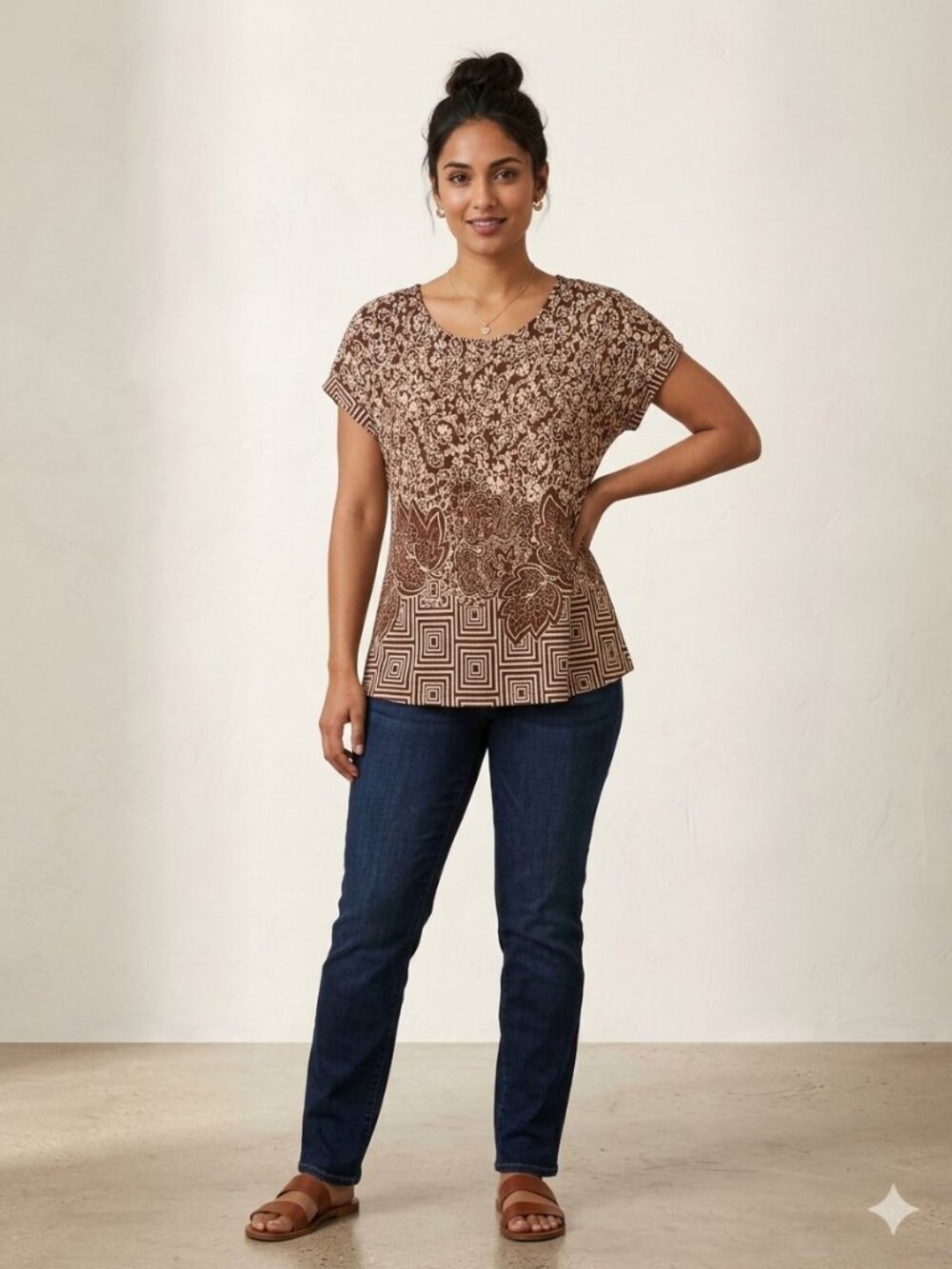 Ace Fashion Geometric Print Pullover Blouse Brown Cream 1X